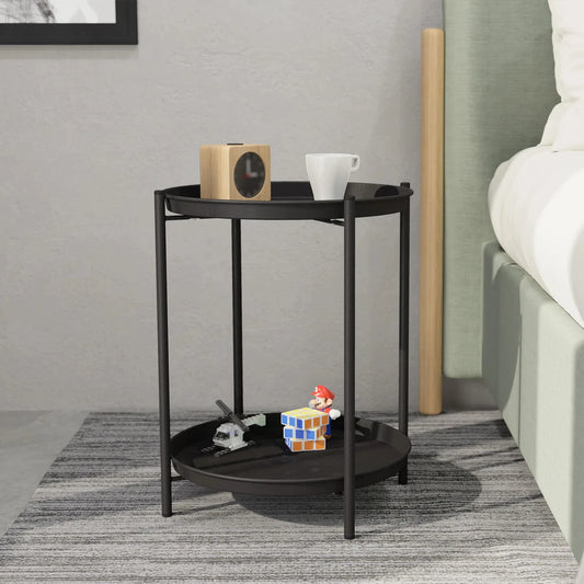 2-Tier Round Metal End Table, Modern Accent Table with Removable Tray Perfect For Home Garden Decor, Deck Party And Festival