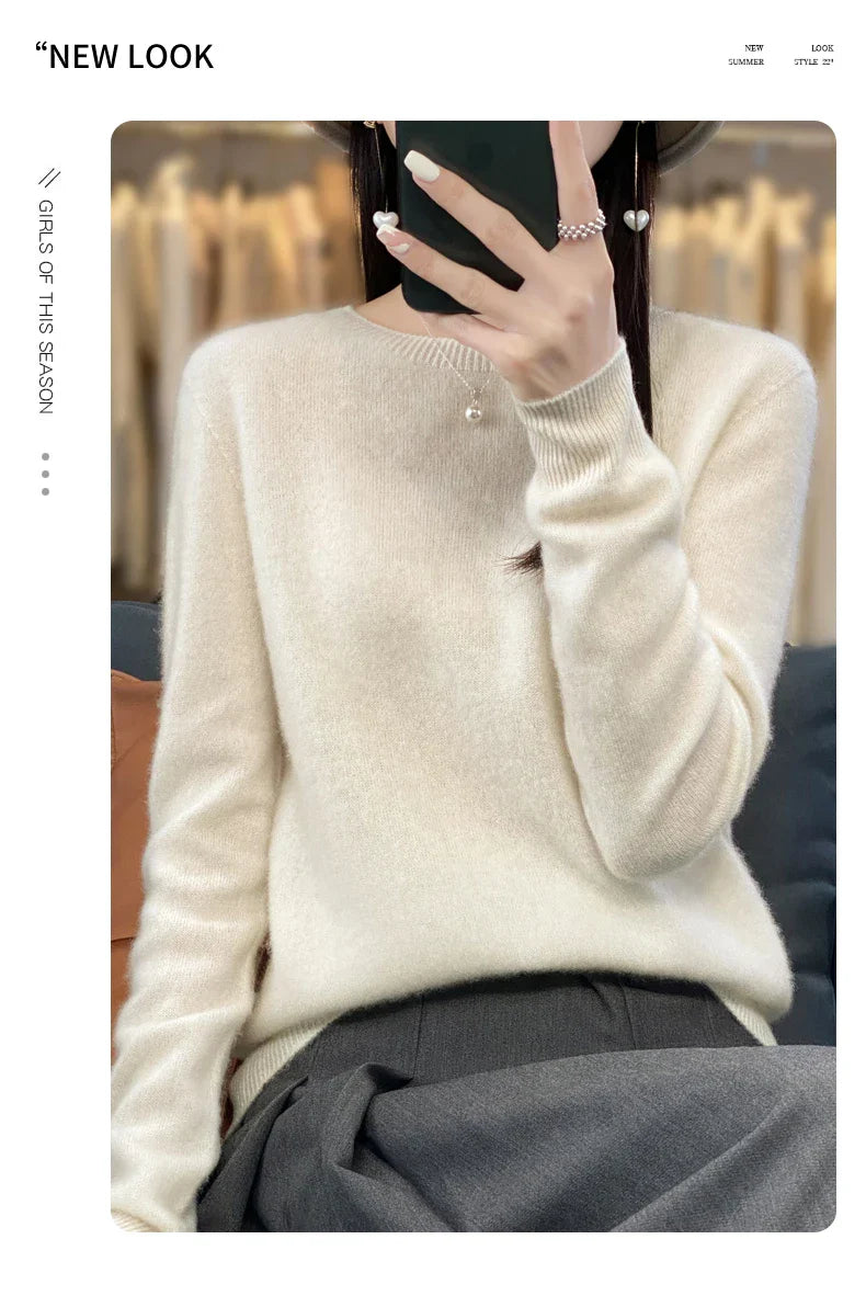 100% Merino Wool Women’s Sweater – Soft Cashmere-Feel O-Neck Pullover, Autumn/Winter Warm Knit Top (14 Colours)