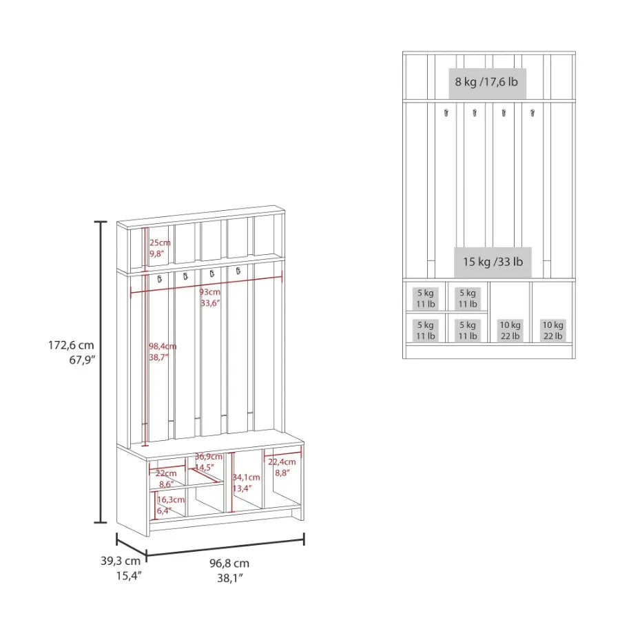 Tulcan 38" Wide Hall Tree With Bench And Shoe Storage, Entryway Bench With Coat Rack Smoke Grey Particle Board
