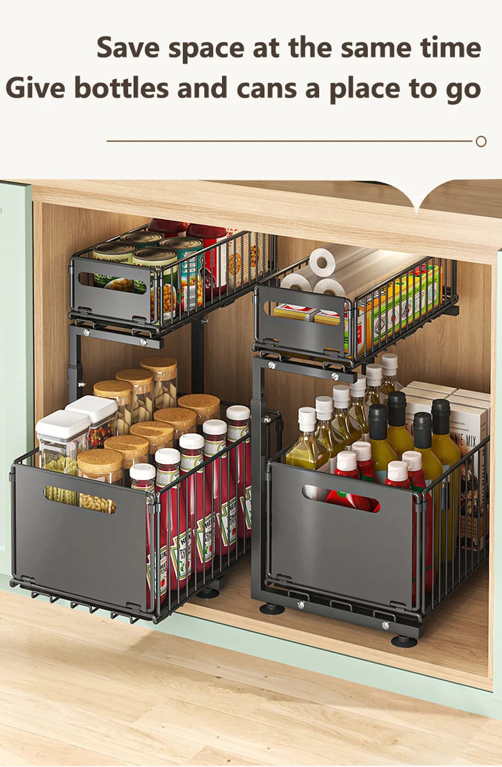 2 Tier Pull Out Cabinet Organiser Adjustable Under Sink Storage Rack Slide Out Drawer Kitchen Spice Jar Storage Shelf