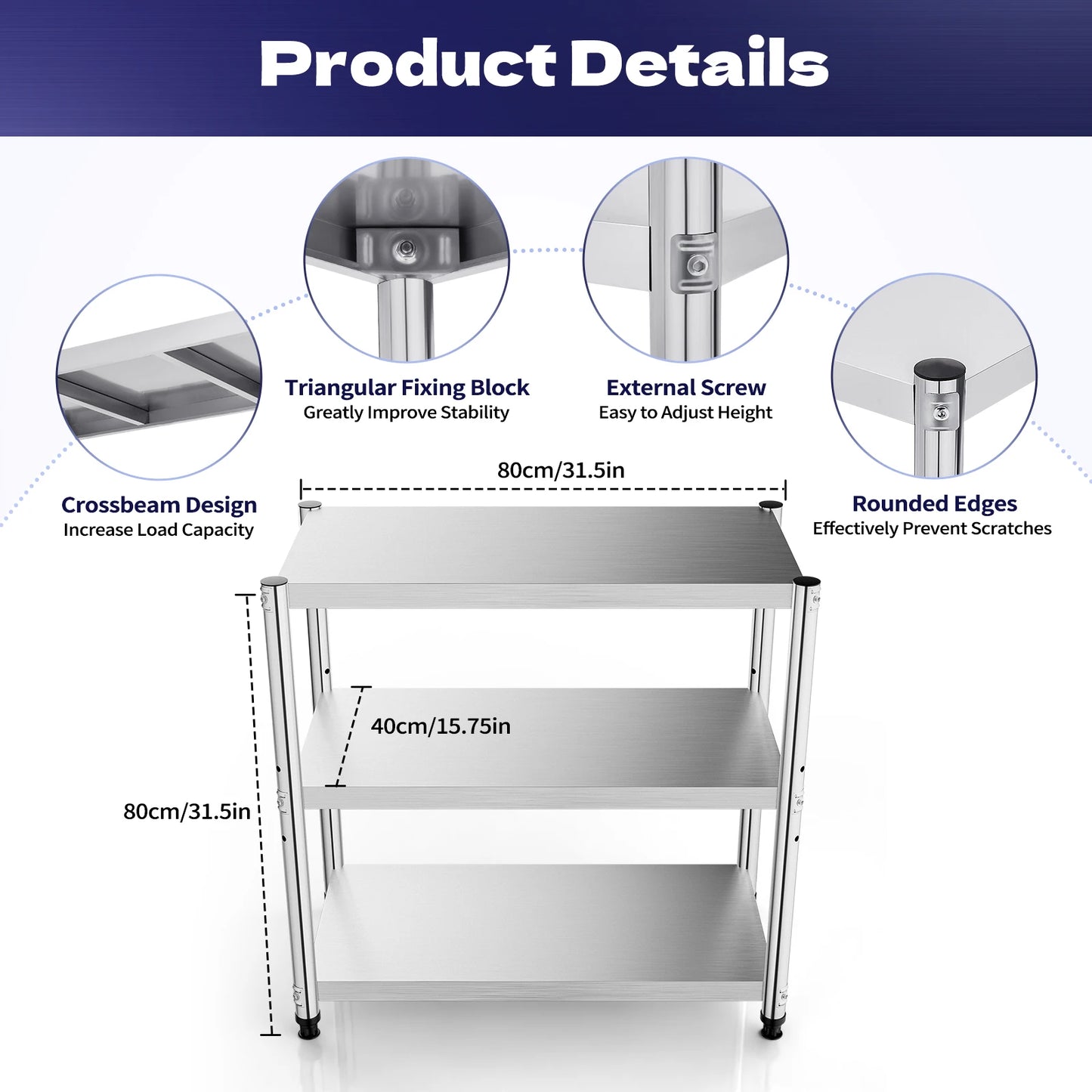 3-Tier Stainless Steel Work Table Kitchen Storage Prep Table Multifunctional Food Prep Worktable