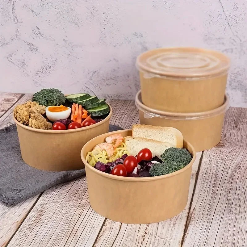 15/30PCS Kraft Paper Bowls Disposable Bowls with Lid Salad Vegetable Soup Kitchen Restaurant Party Snack Storage Supplies