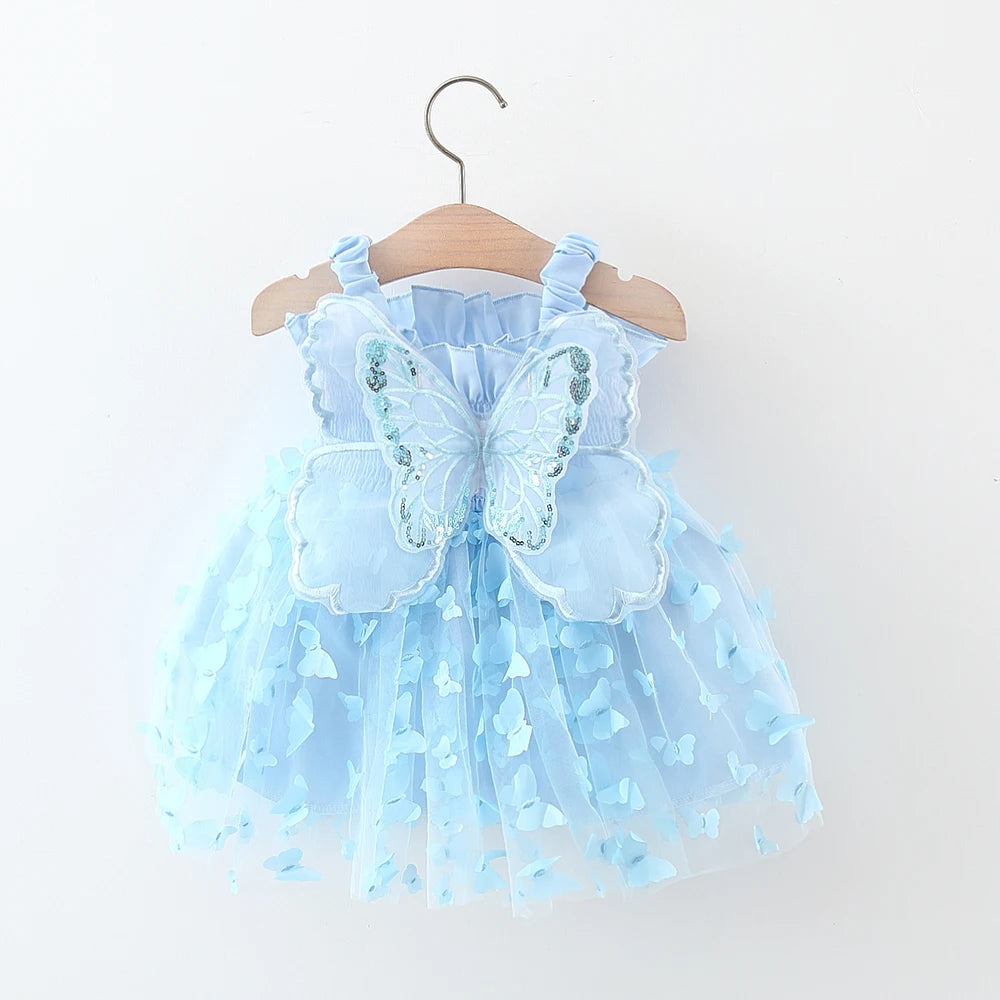 Summer 0-3 Girls' Dress Solid Color Butterfly 3D Mesh Splicing Butterfly Wings Strap Fluffy Dress