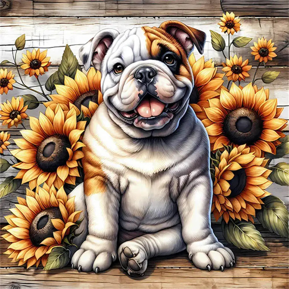 Huacan Diamond Mosaic Dog Animal Sunflower Flower Full Round Square Diamond Painting New Picture For Living Room Home Decoratio