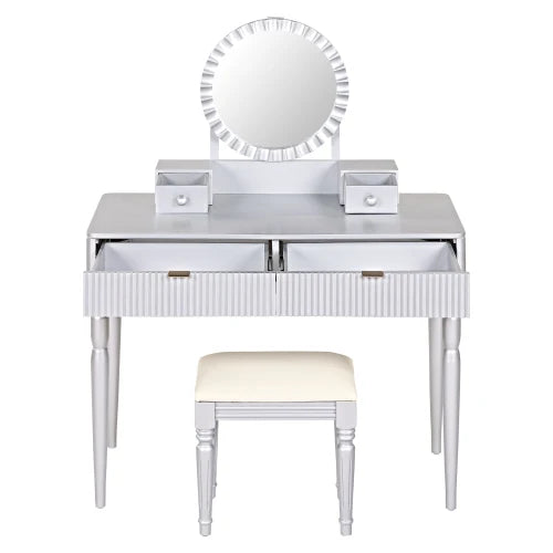 Vanity Desk With Round Mirror Height-Adjustable  Stylish Dressing Table Set  4 Drawers & Stool  Sier