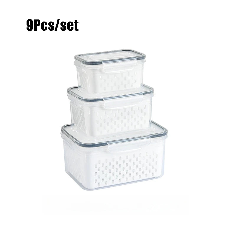 9Pcs/set Fruit Storage Containers for Fridge, Fridge with Removable Colander, All-In-One Fruit Washing Bowl with Strainer