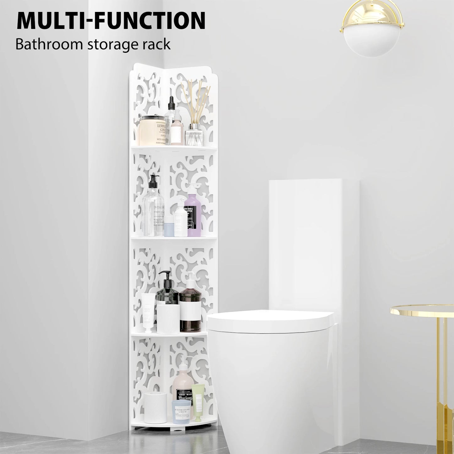4 Tier Bathroom Corner Cabinet Storage Unit White, Floor Standing Shower Caddy Corner Shelf, PVC Waterproof Storage Organiser