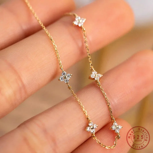 Sterling Silver Plated 18k Gold Zircon Flower Bracelet