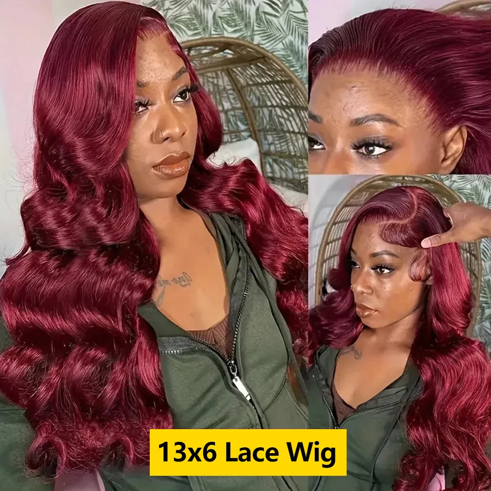 200% Density 99J Burgundy Body Wave 13x6 HD Transparent Lace wigs Frontal Wigs Brazilian Virgin Hair Pre plucked Wigs For Women
