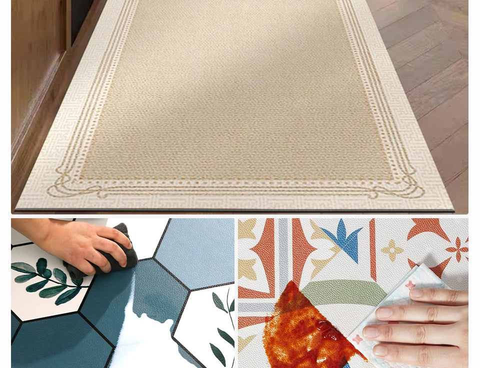 Kitchen Rug Pvc Waterproof Leather Carpet Beige Long Floor Mat Non-slip Oil-proof Home Decoration Vinyl Rugs Alfombras De Cocina