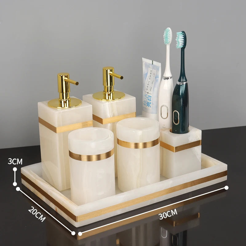 White Onyx Natural Marble Bathroom Accessories Gold Luxury Soap Dispenser Cotton Swab Holder Toothbrush Holder Bathroom Set