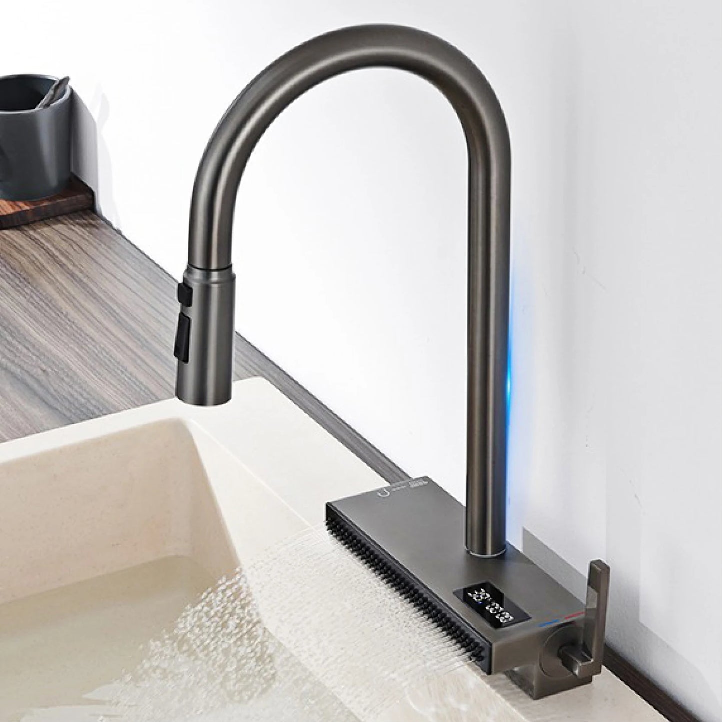 Gun Gray Brass Kitchen Sink Faucet Pull Out Sprayer Hot Cold Mixer Tap LED Digital Display Multifunction 360°Swivel Luxury Crane