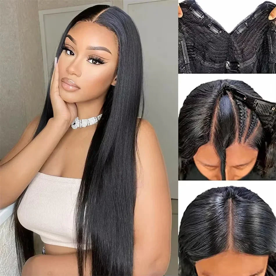V Part Wig Human Hair Straight Upgrade V Part Wig for Women Clip in Half Wig Beginner Friendly No Lace No Glue No Sew in