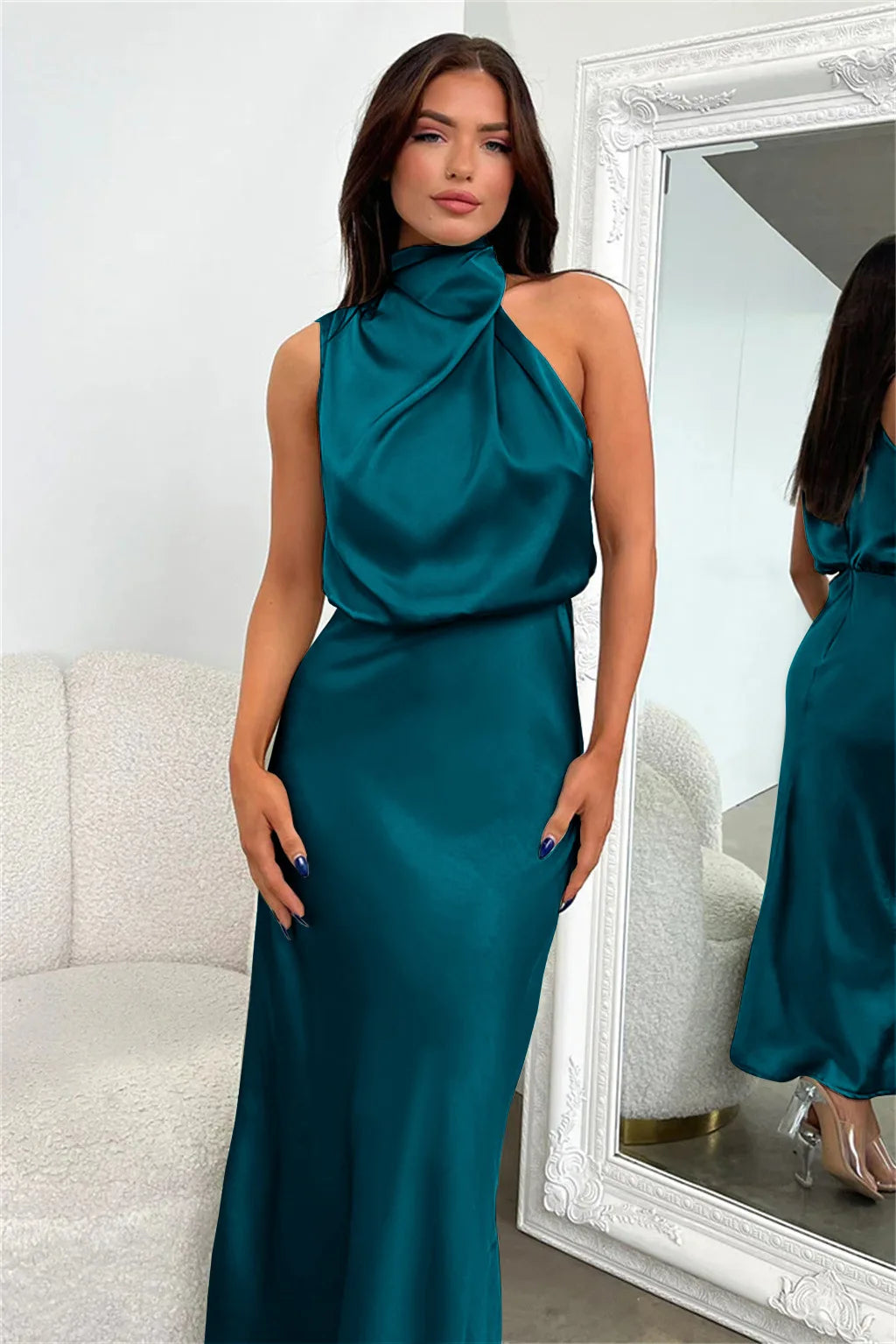 Summer High-End Silk Satin Sleeveless Long Dress Women Fashion Elegant Celebrity Dresses Evening Dress Party Clothes Ladies