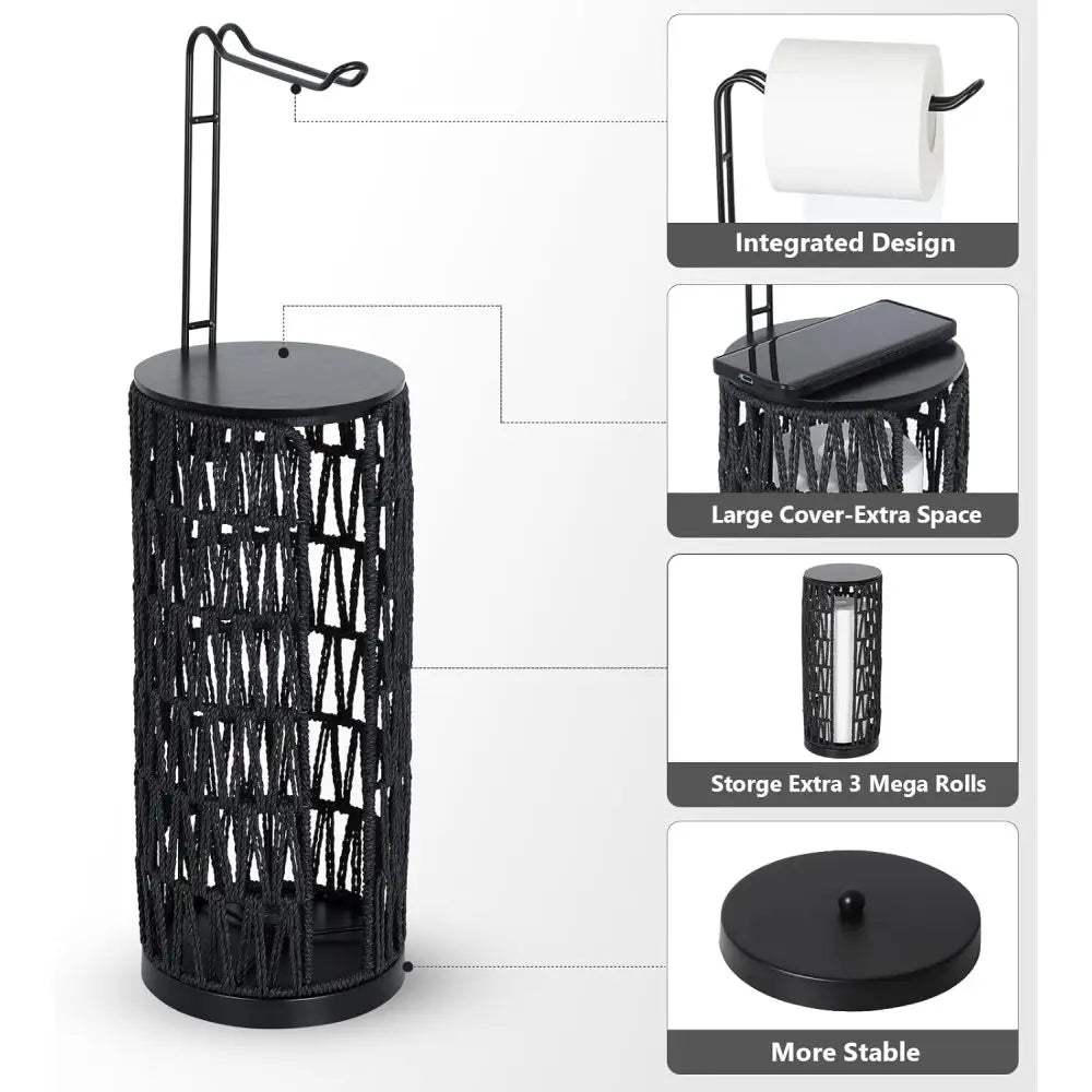 Freestanding Toilet Paper Holder with Storage,3 Rolls of Tissue Holder for Bathroom,Handmade WovenToilet Roll Holder Stand