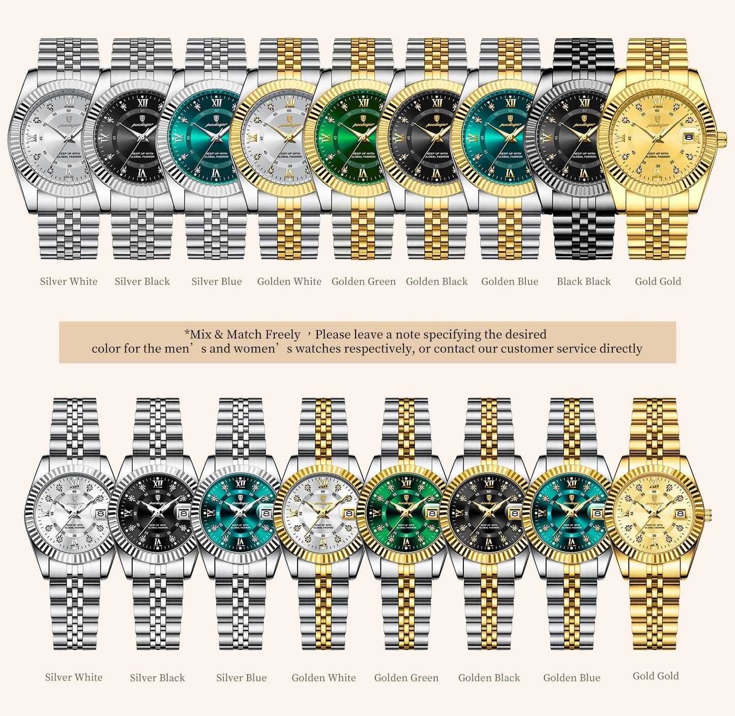 POEDAGAR Top Luxury Couple's Watches Luminous Date Classic Watches For Couple Quartz Stainless Steel Couple Watch Lovers Set+Box