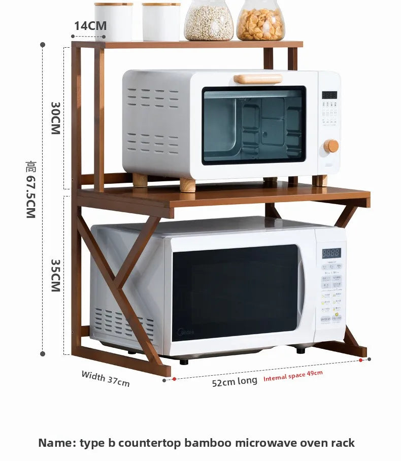 Kitchen Shelf Countertop Double Microwave Oven Shelf Desktop Seasoning Oven Storage Rack Bamboo Solid Wood