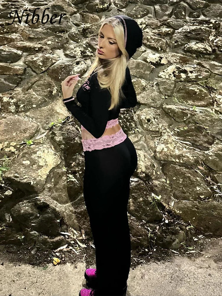 Nibber Lace Patchwork Woman 2 Piece Set Hooded Zip Crop Jacket+Patchwork Flare Pants Matching Streetwear Casual Matching Outfits