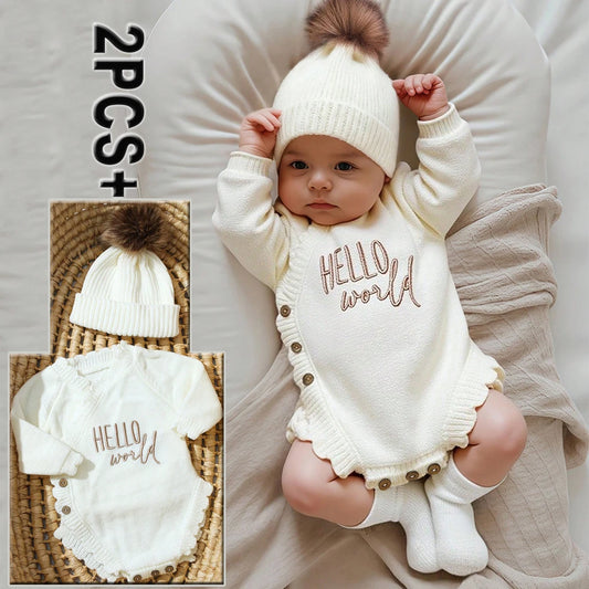Ylsteed Hello World Knitting Newborn Photography Romper With Matching Pomp Hat Baby Boy Girl Sweater Outfits Photo Shooting-HD