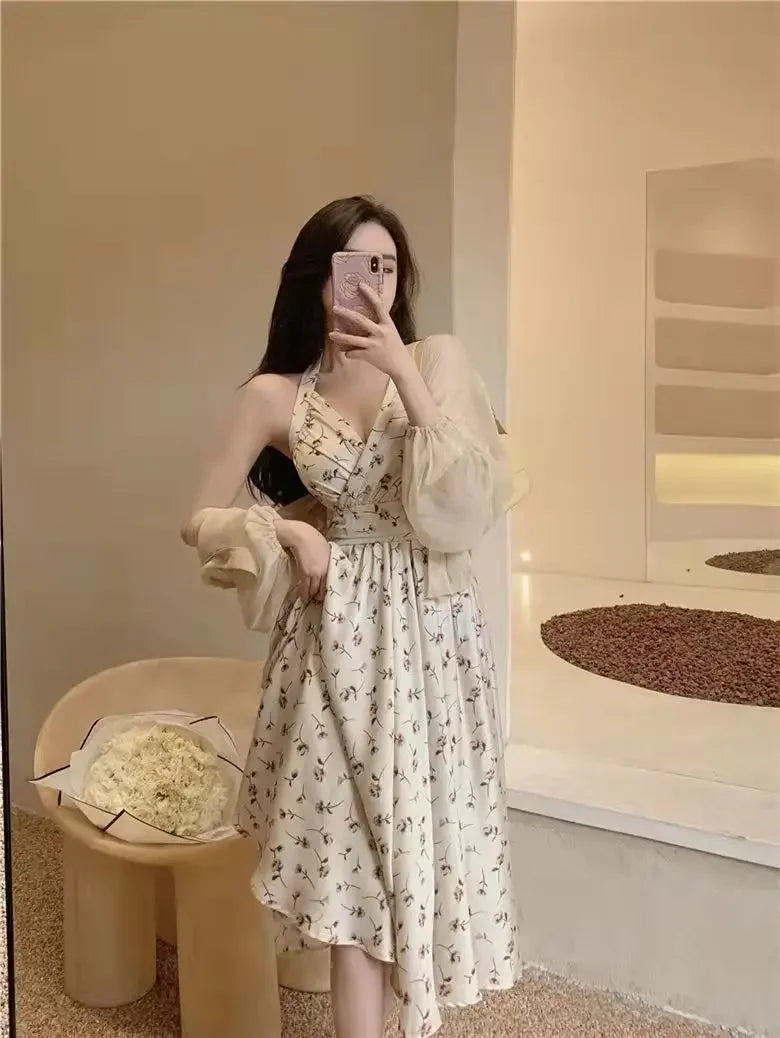 Summer New Gentle Wind Fragmented Flower V-Neck Sling Dress Set Waist Wrap Neck Hanging Long Dress Thin Sun Protection Cardigan