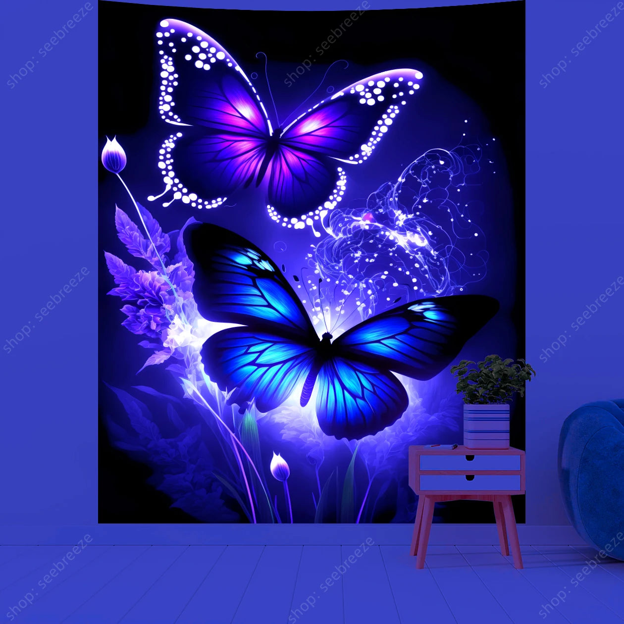 Butterfly Flower UV Reactive Tapestry Wall Hanging Hippie Boho Room Decor