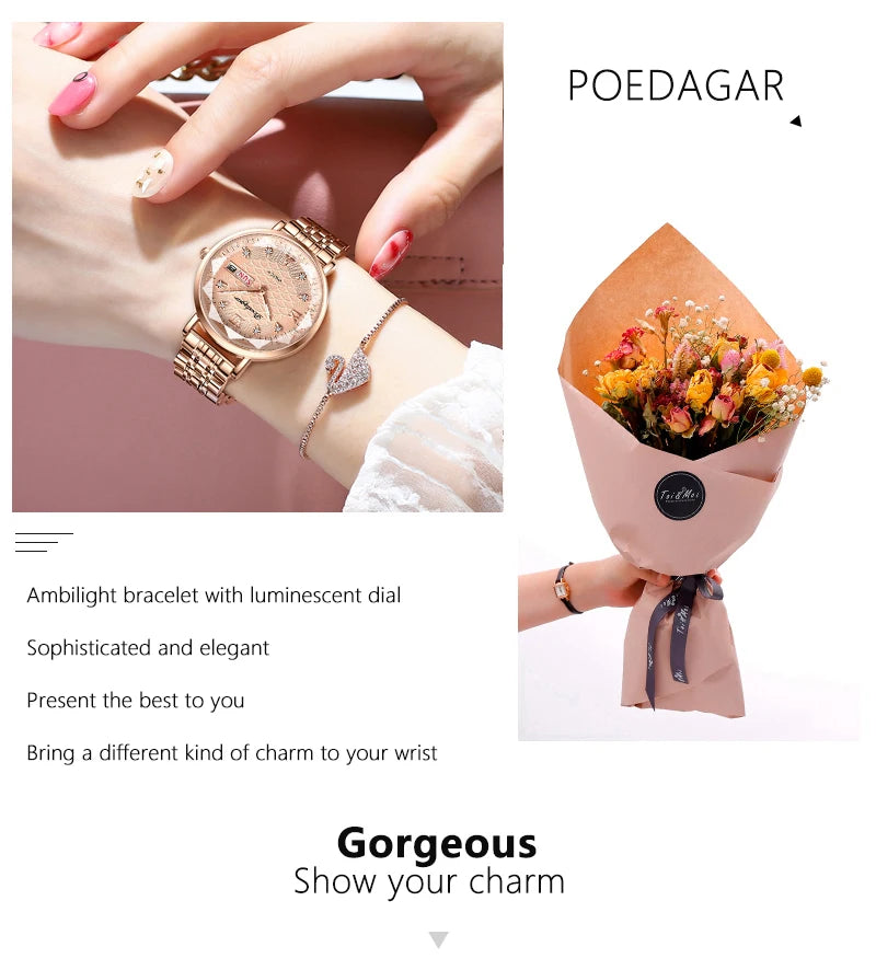 POEDAGAR Women Watch New Fashion Luxury Stainless Steel Wristwatch Bracelet Simple Rose Gold Waterproof Luminous Ladies Watches