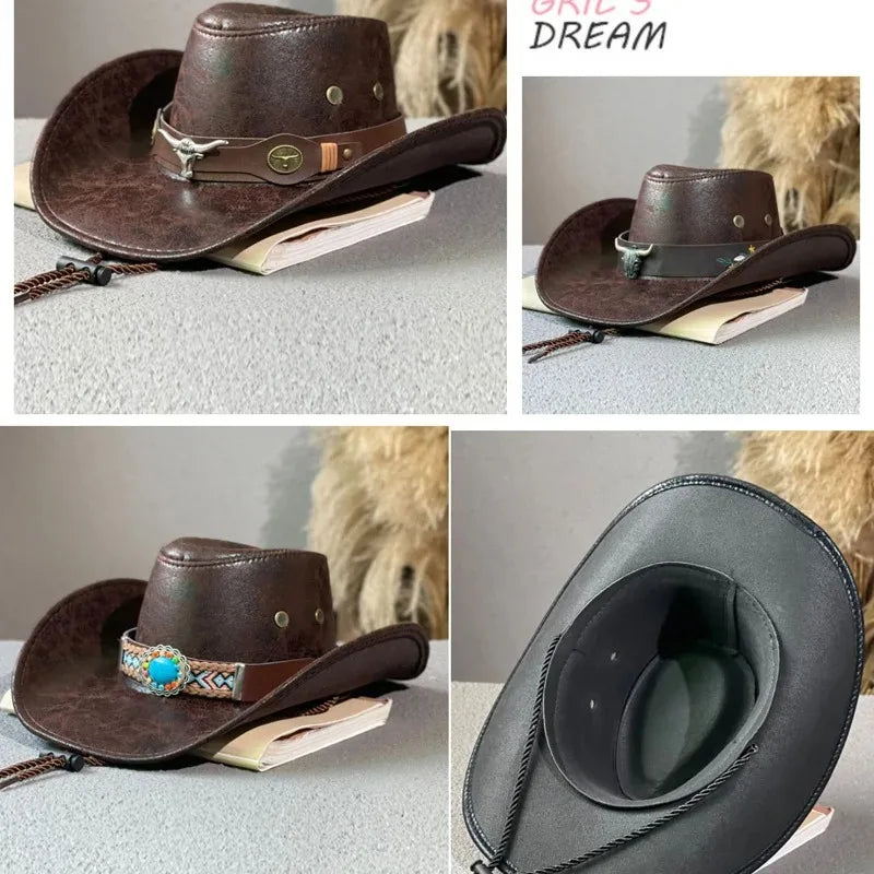 1 PC Vintage Faux Leather Western Cowboy Hat For Men Women Outdoor Gentleman Cowgirl Jazz Hats Sombrero Hombre