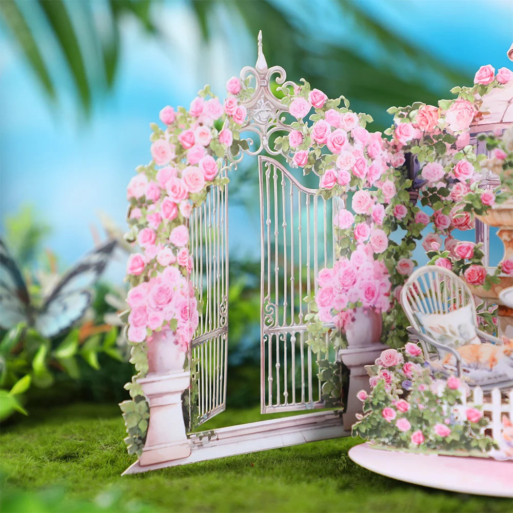 Pink Rose Garden pop-up greeting card, birthday anniversary gift for your lover mother teacher, Spring comfortable cozy kitten