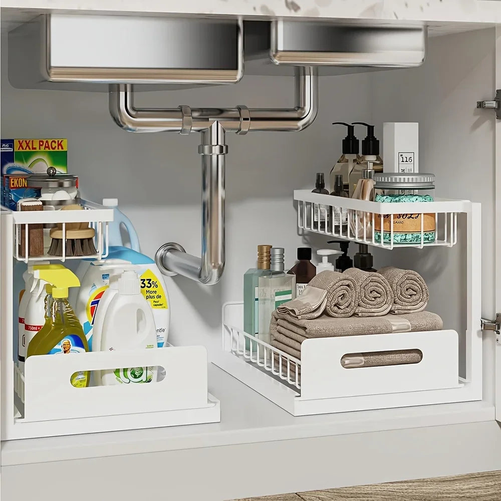 Under Sink Organisers, Metal Pull Out Under Sink Organisers,Storage Shelves with Sliding Drawer,Under Sink Storage for Kitchen