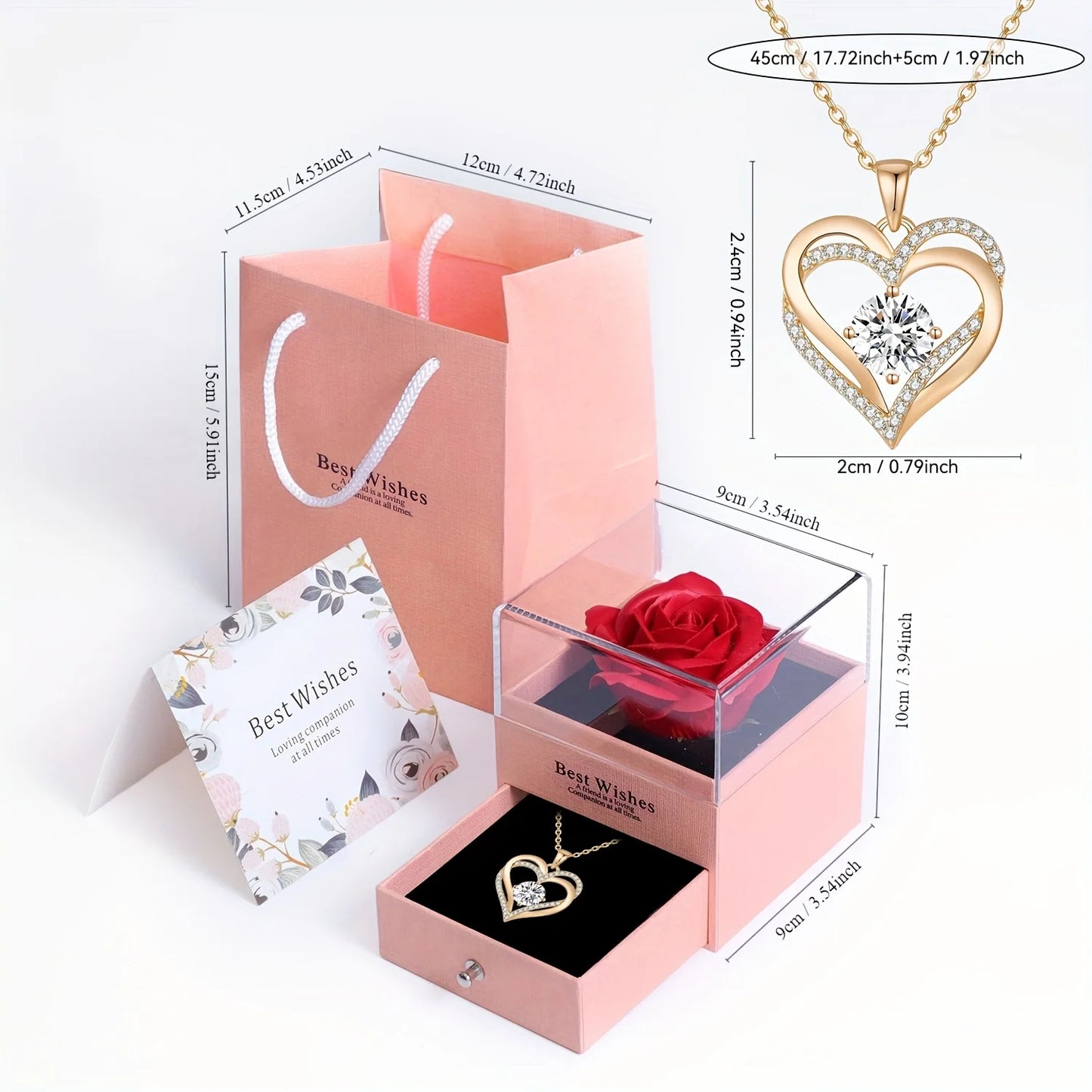 Romantic Heart Pendant Necklace with Rose Gift Box & Card- Luxurious Year-Round Wear, Valentines Day & Mother’s Day Present