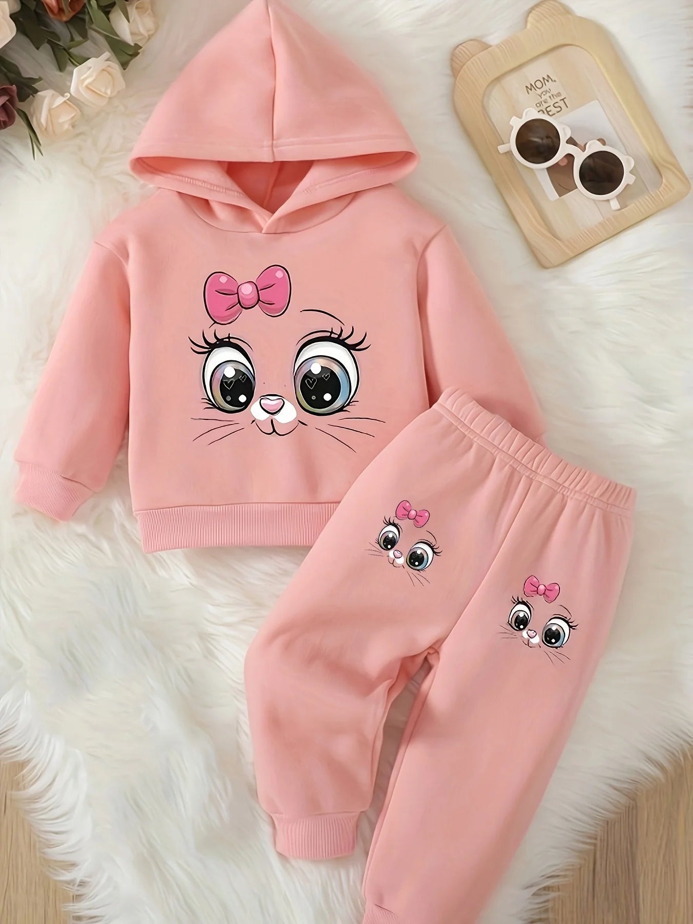 Baby girl cute cartoon cat pattern long sleeved fleece hooded sweat shirt+casual simple pants set, spring and autumn two-piece set