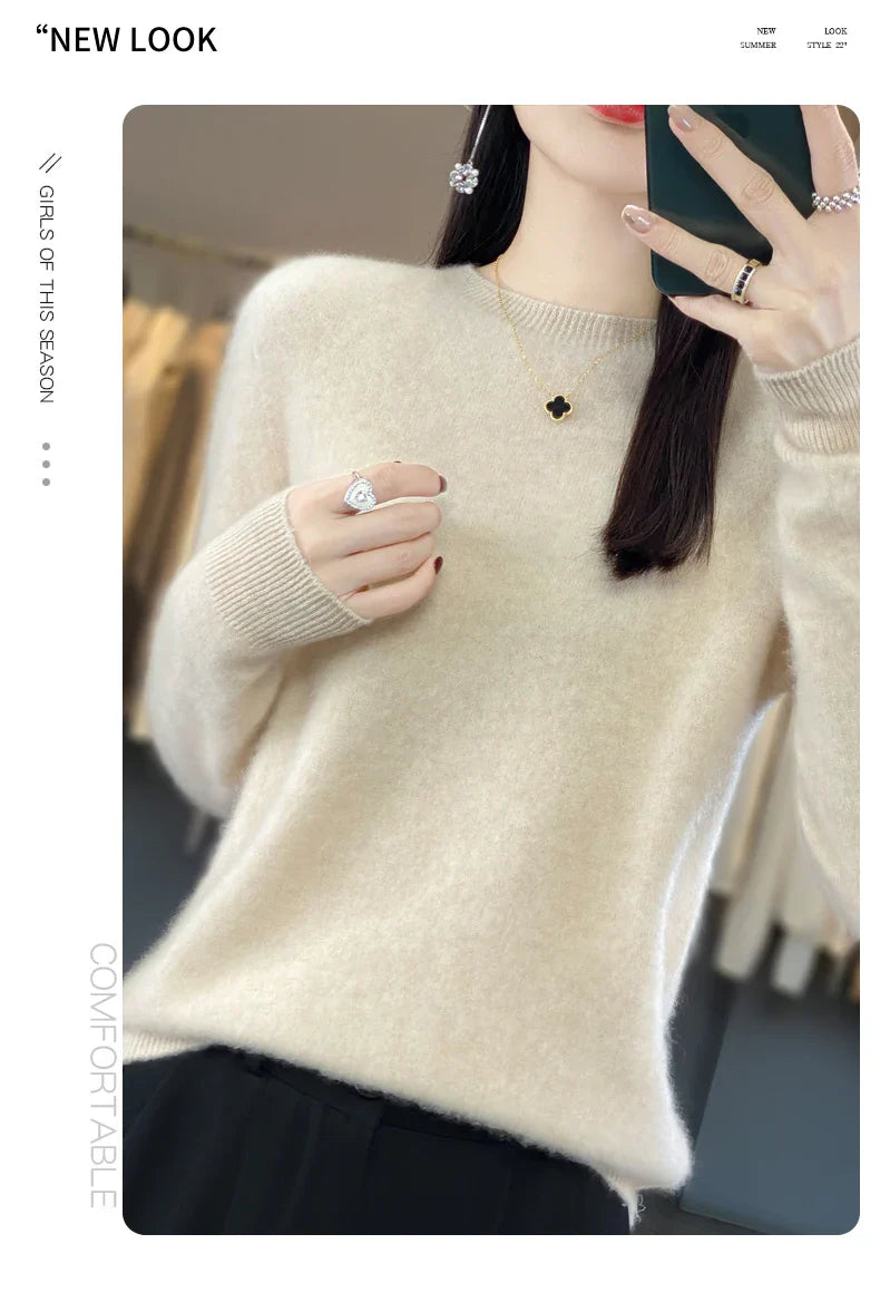 100% Merino Wool Women’s Sweater – Soft Cashmere-Feel O-Neck Pullover, Autumn/Winter Warm Knit Top (14 Colours)