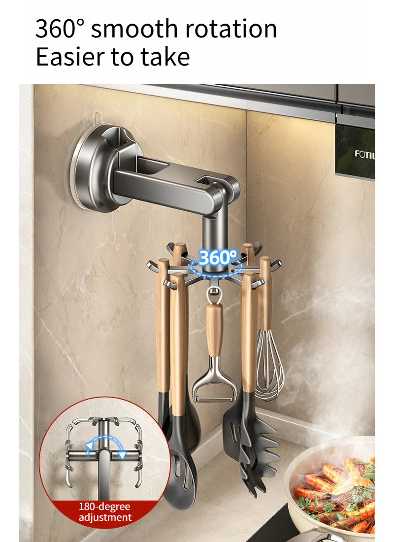 Kitchen Suction Wall-mounted Multi-functional Storage Rack, with Integrated Storage Featuring No-drilling and Rotatable Hooks