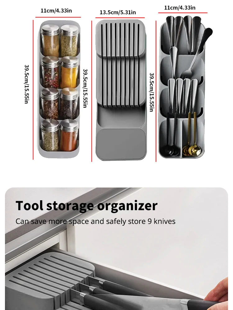 Kitchen Drawer Cutlery Storage Tray Knife Holder Spoon Forks Tableware Organiser Container For Spice Bottles Knives Block Rack