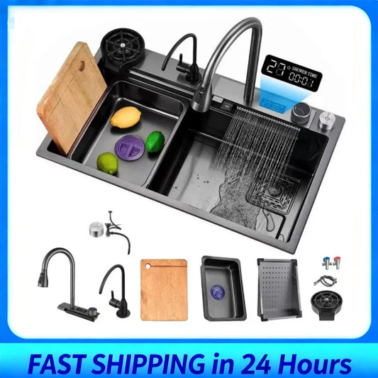 Smart Kitchen Sink Precision-Crafted Thick Gauge Brushed Stainless Steel-Digital Display Large Capacity Professional Washing