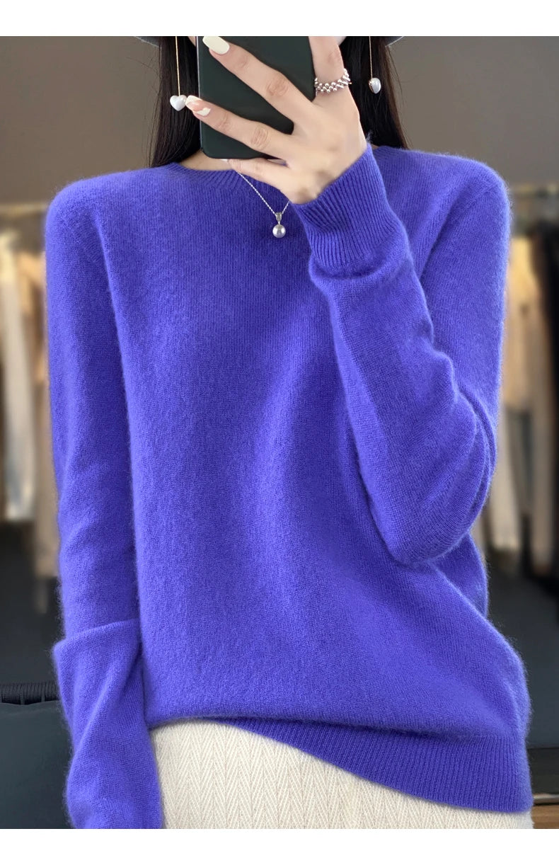 100% Merino Wool Women’s Sweater – Soft Cashmere-Feel O-Neck Pullover, Autumn/Winter Warm Knit Top (14 Colours)