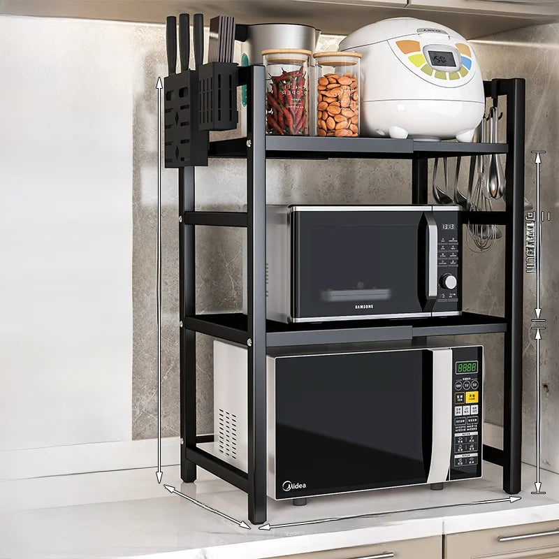 Kitchen Microwave Oven Rack Double Layer Expandable Multi Functional Home Appliance Storage Shelf Carbon Steel No Installatio...