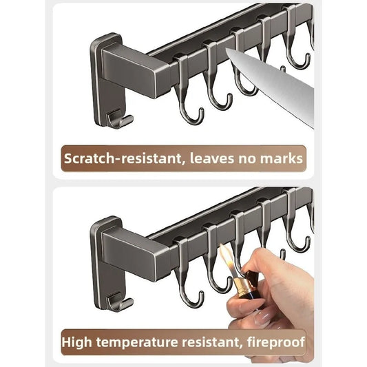 Aluminum Kitchen Organiser Hook Double Pole Wall Mounted Pot Lid Rack Non Punching Movable Hook Spatula Storage Rack Home