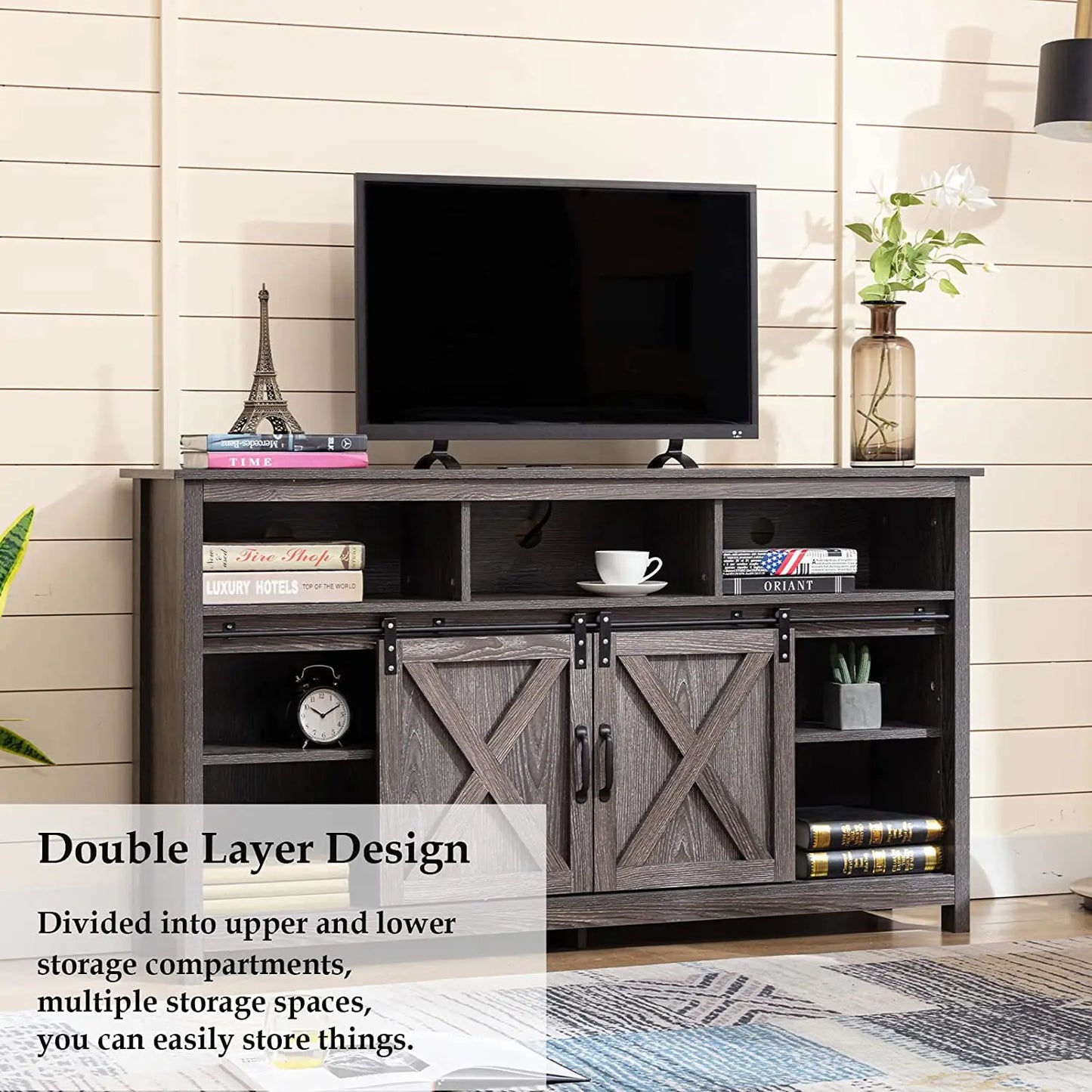 TV Stand Farmhouse Coffee Bar Cabinet Rustic Sliding Barn Door Storage Cabinet with Power Outlet & LED Light, 57" Wooden TV Cabi