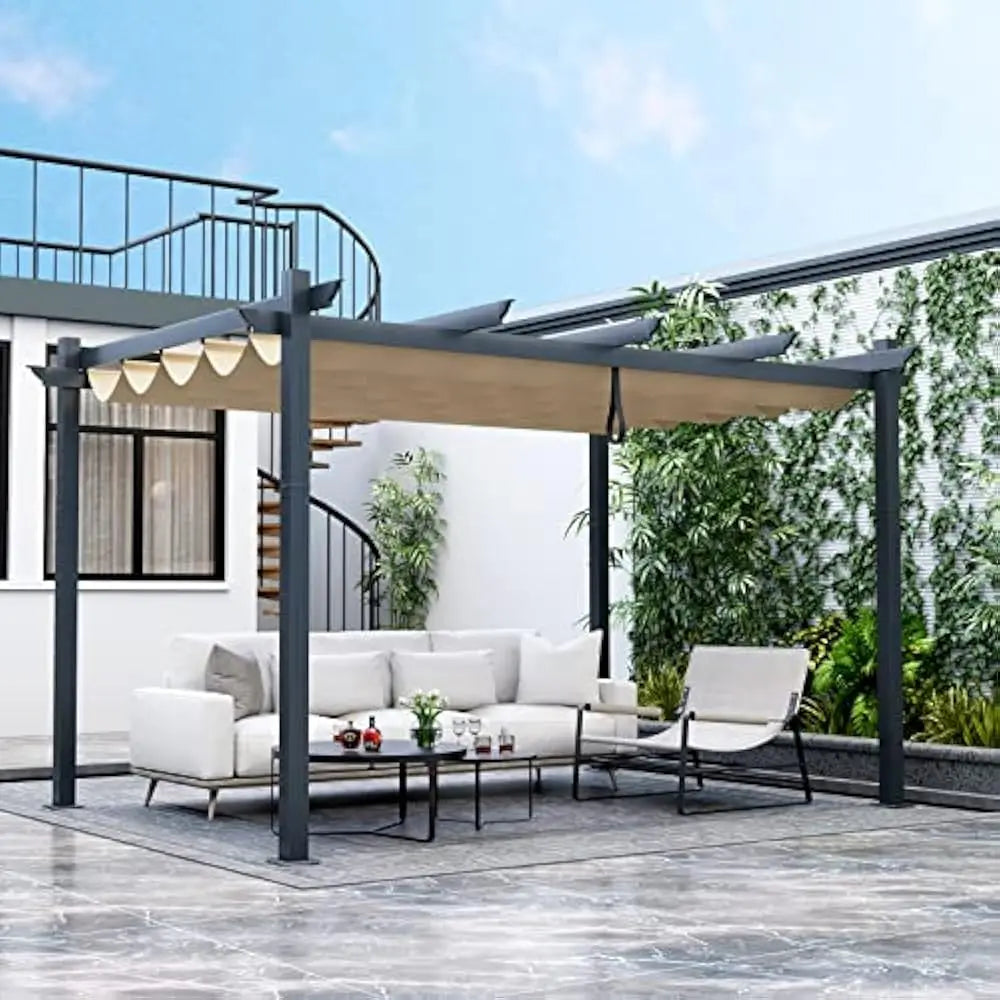 10' X 13' Outdoor Retractable Pergola with Sun Shade Canopy Patio Modern Shelter for Garden Yard Deck Grape Trellis, Grey