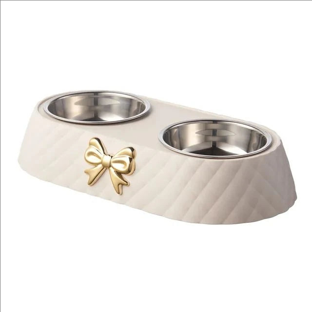 Double Pet Bowl for Cats & Dogs – Bow-Tie Design, Stainless Steel Food & Water Feeder with PP Base