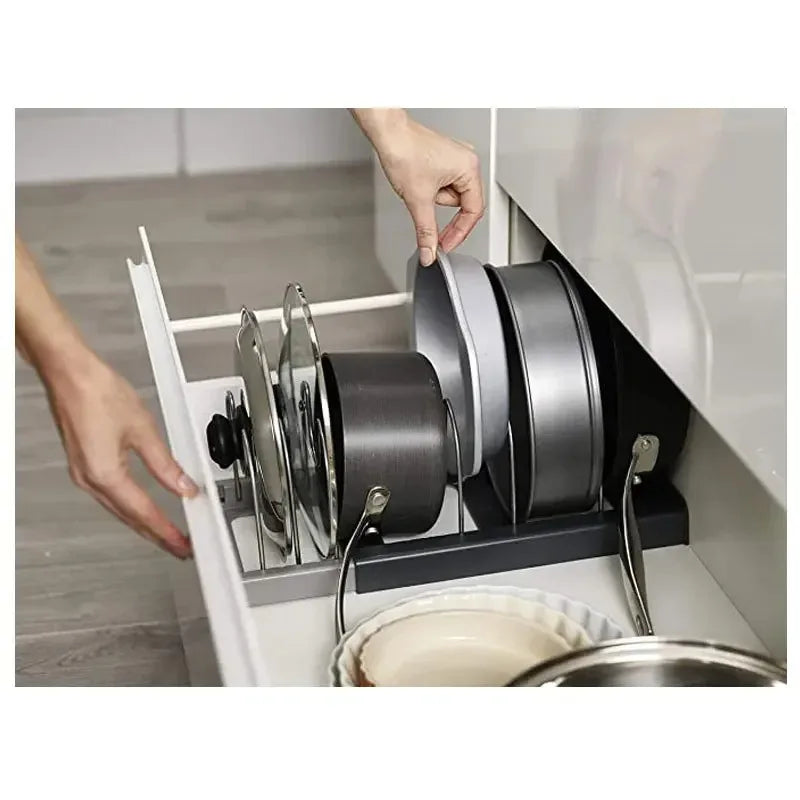 Expandable Pot & Pan Organiser Rack, Adjustable Under Sink Cabinet Lid Holder, Space Saving Kitchen Cookware Storage Organiser