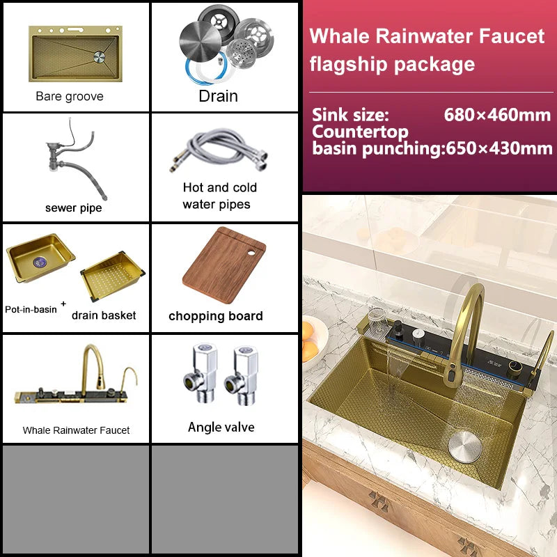 Kitchen Sink Stainless Steel Waterfall Sinks Extra Large Single Slot with Digital Display Faucet Set For kitchen