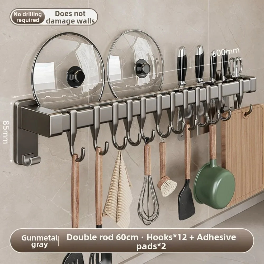 Aluminum Kitchen Organiser Hook Double Pole Wall Mounted Pot Lid Rack Non Punching Movable Hook Spatula Storage Rack Home