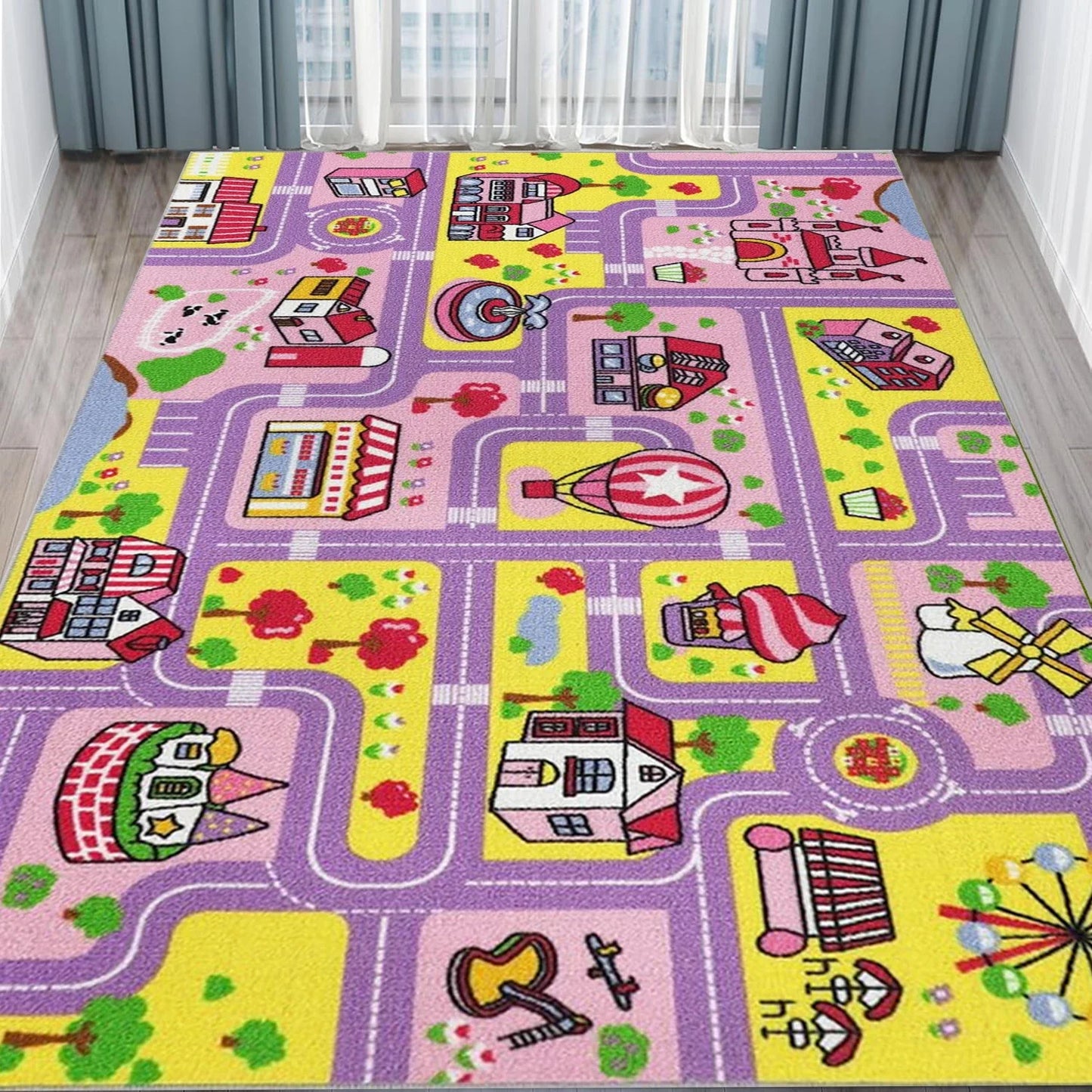 VIKAMA Children'S Educational Play Mat Non-Slip Urban Road Traffic Design Suitable For Offices, Children's Rooms, And Home Decor