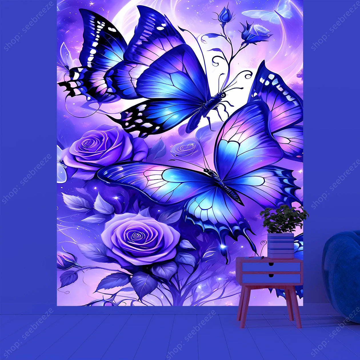 Butterfly Flower UV Reactive Tapestry Wall Hanging Hippie Boho Room Decor