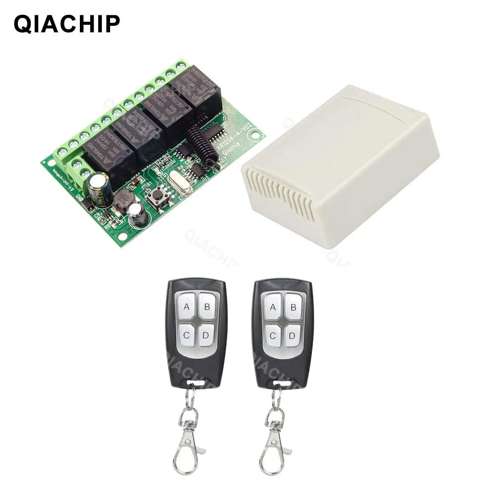 QIACHIP 4CH 433.92MHz Relay Module – DC 5V/12V/24V/48V 10A Wireless Remote Control Switch for EV1527, DC Motor DIY