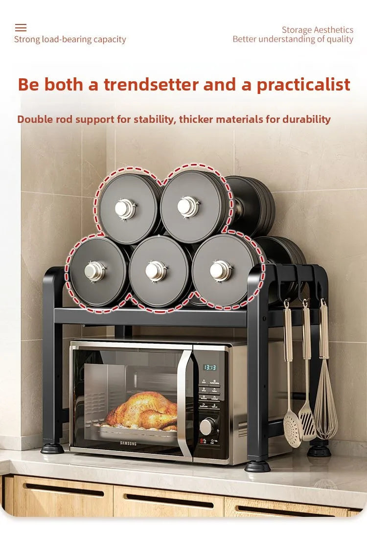 Kitchen Microwave Oven Rack Double Layer Expandable Multi Functional Home Appliance Storage Shelf Carbon Steel No Installatio...