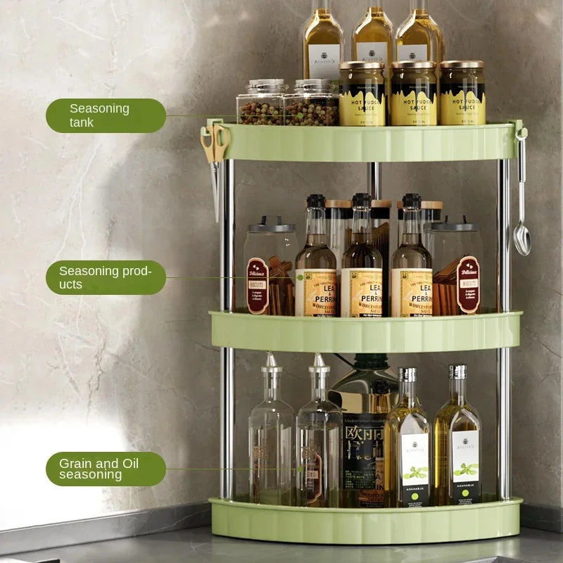 Kitchen Spice Rack Shelf Countertop Corner Multifunctional Seasoning Supplies Rack Saving Spice Rack Organiser with Hooks