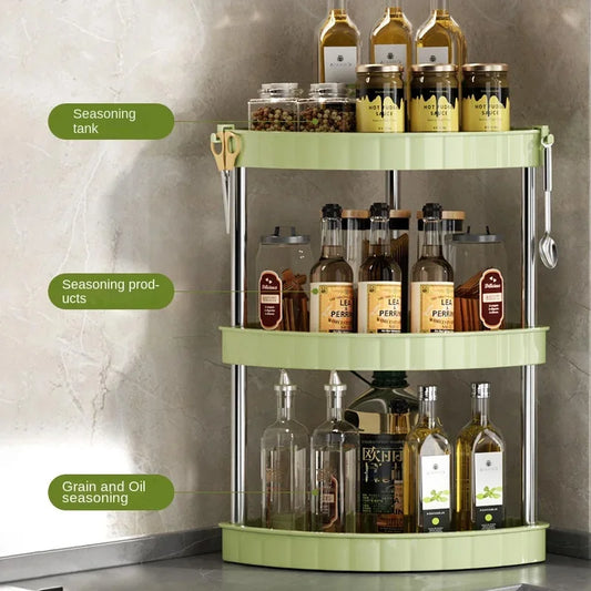 Kitchen Spice Rack Shelf Countertop Corner Multifunctional Seasoning Supplies Rack Saving Spice Rack Organiser with Hooks